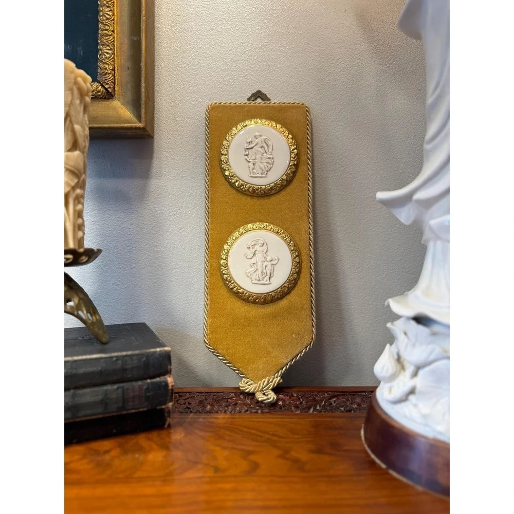 Vintage Italian Porcelain Cameo Wall Plaque • Brass Relief Velvet Wall Hanging